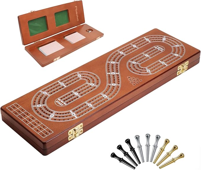Cribbage Board Game Set 3 Tracks, Plusvivo Solid Oak Wood Cribbage Boards Unique with 9 Metal Pegs & 2 Storage Area, 15.5 X 4.9 X 1.2 in Travel Portable Cribbage Game Sets for Family-CubbioJoy