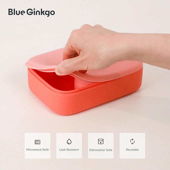 BLUE GINKGO Silicone Lunch Box Set – Durable Heavy-Duty Silicone Bento Box, Microwave, Freezer, Dishwasher Safe – Airtight, BPA Free (Made in Korea, Coral)-CubbioJoy