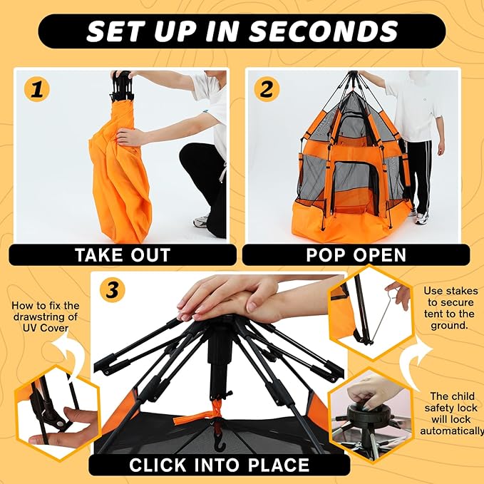 Baby Pop Up Playpen with Canopy, Pop Up Baby Pop Up Tent with Safety Lock, Portable Toddler Play Yard with Travel Bag, 6 Ground Stakes, 6 Sand Stakes-CubbioJoy