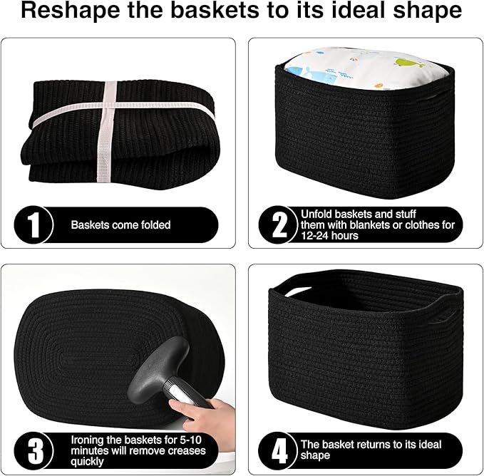 Black Storage Baskets for Organizing Shelves, Toy Basket for Nursery, Woven Cotton Rope Basket for Decor, Towel Baskets for Bathroom, 15"x11"x9.5", 3 Packs, Black-CubbioJoy