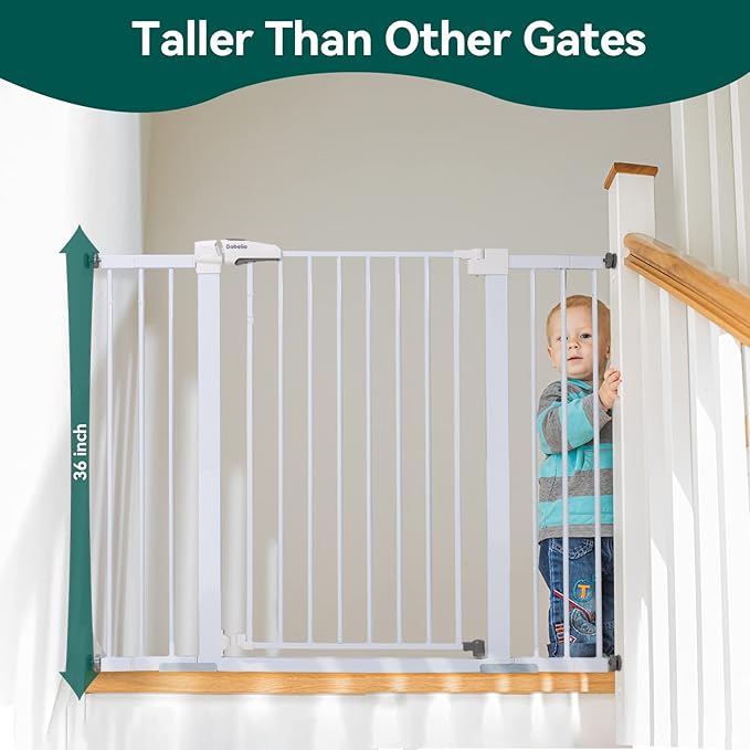 BABELIO 36" Tall Baby Gate, 29-48" Auto Close Pressure Mounted Dog Gate for Stairs, Doorways & Hallway, Protector Basics Easy Walk Thru Pet Gate, Metal Child Gate with 2*Y Spindle Rods, White-CubbioJoy