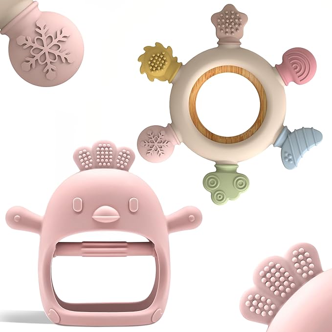 2 Pack Baby Teething Toys for 0-6 & 6-12 Months, Food Grade Silicone Teething Mitten No Drop Teether and Ring Teether, BPA Free, One-Piece, CPC Certified Baby Chew Toys for Sucking Needs-CubbioJoy