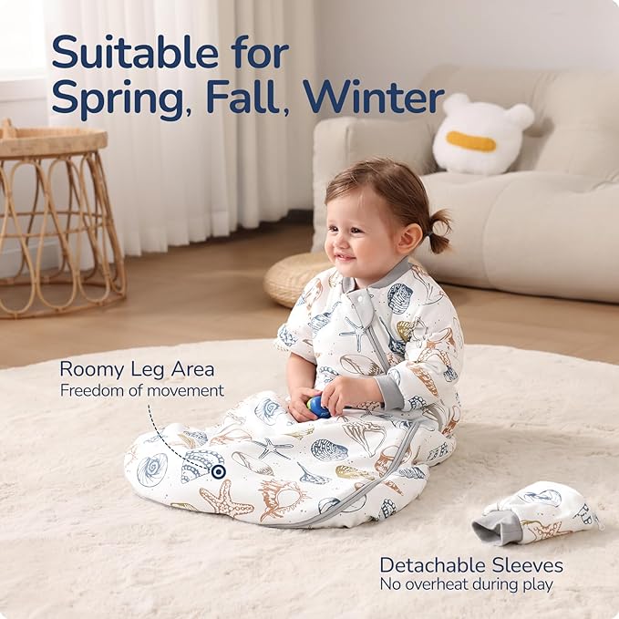 Baby Sleep Sack 3-6 Months, Cotton Detachable Long Sleeve Sleep Sack, 2.5 Tog Toddler Sleeping Sack with Temperature Strips, 2-Way Zipper Wearable Blankets for Newborns, Ocean-CubbioJoy