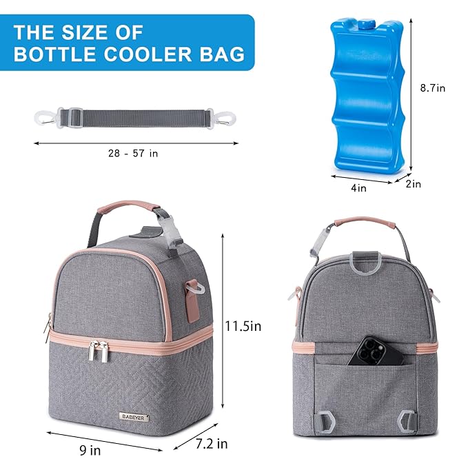 Breastmilk Cooler Bag with Ice Pack Fits 6 Baby Bottles up to 9 Ounce, Breast Milk Pump Cooler Bag with Shoulder Strap for Nursing Mom Daycare, Work, Travel- Grey-CubbioJoy