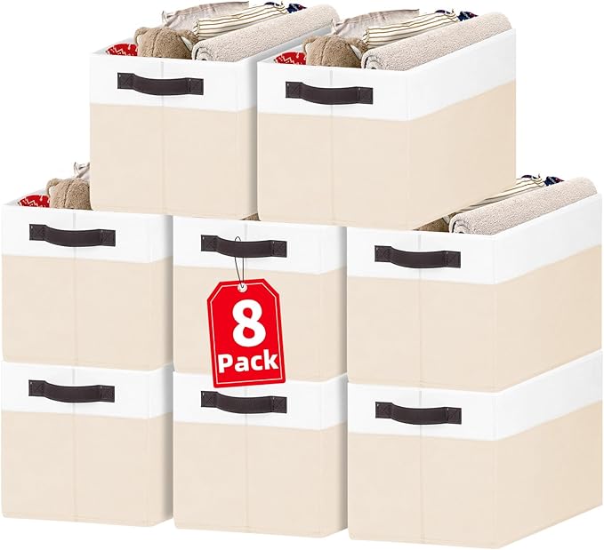 Criusia 8 Pack Large Storage Basket, Fabric Blanket Basket Living Room, Toy Organizers and Storage with Handles for Kids, Laundry Basket for Clothes Towel, Yarn and Craft Storage Bins (14L*10W*9.5H)-CubbioJoy