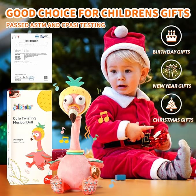 Jollybaby Plush Talking Singing Dancing Musical Flamingo Toy for Toddlers 1-3 Just Like Cactus Toy, Music Mimicking Interactive Toy for Crawling Kids, Sensory Stuffed Toy Gift for Baby 0-6-12 Month-CubbioJoy