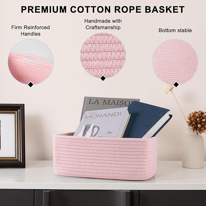 4 Pack Small Storage Shelf Baskets for Organizing, Mini Woven Rope Storage Bins for Towels, Cute Decorative Closet Organizer，Baby Nursery, Gift Empty Baskets -11.81''Lx7.87''Wx4.72''H-Pink-CubbioJoy
