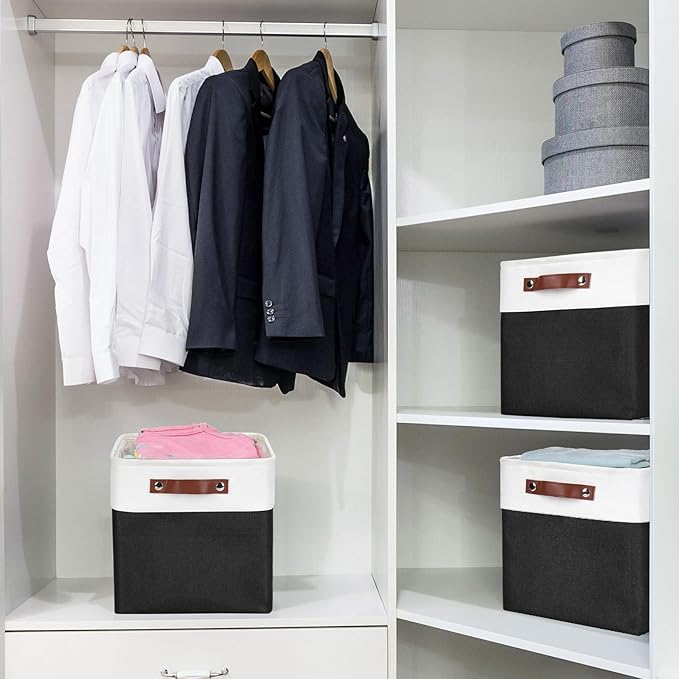 Collapsible Fabric Storage Cubes 11x11 Cube Storage Bins, 4 Pack Closet Baskets Box with Handles for Organizing, Shelf, Toys, Clothes, Home, Office, Nursery (Black&White)-CubbioJoy