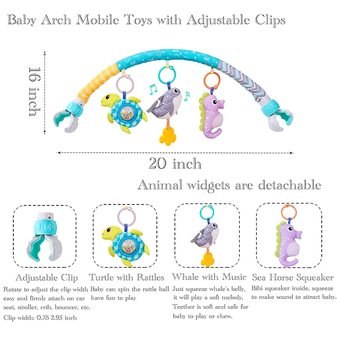 Baby Stroller Arch Toys, Crib Mobile for Infants Adjustable Bassinet Mobile with Universal Clamp, Activity Toy Bar for Bouncer Newborn CarSeat Stroller Toy Sense Toys for Baby 0 6 12 Months-CubbioJoy