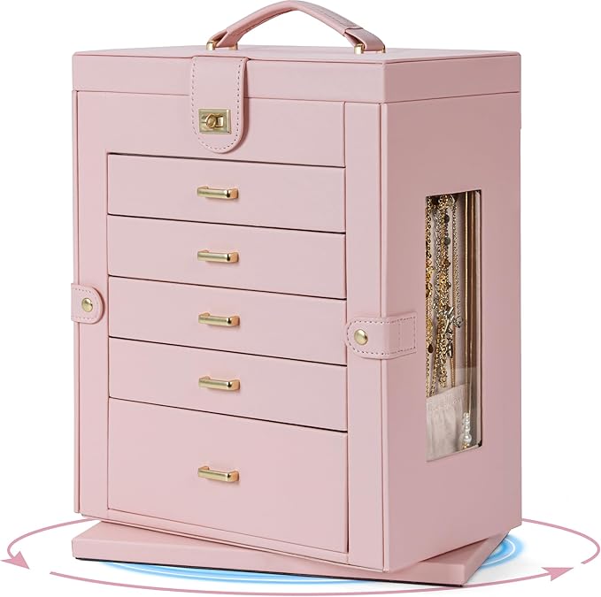 AKOZLIN 360° Rotating Jewelry Box 6-Tier Organizer Functional Jewelry Storage Case for Women Girls Ring Necklace Earring Bracelet Holder with Mirror Pink-CubbioJoy