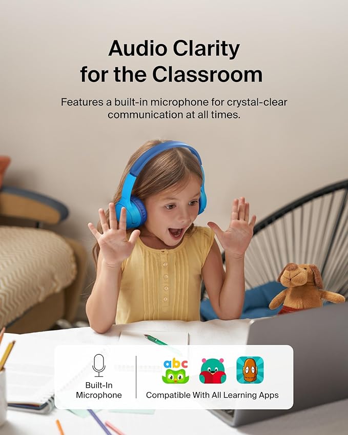 Belkin SoundForm Mini - Wireless Bluetooth Kids Headphones, 30H Battery, 85dB Safe Volume Limit, Built-in Microphone - Toddler On-Ear Earphones for iPhone, iPad, Fire Tablet, Ideal for School - Blue-CubbioJoy