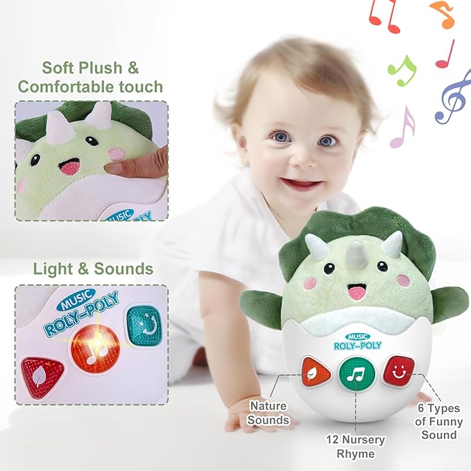 Baby Dinosaur Toys 0-3-6-12 Months, Musical Infant Toys with Light & Sounds, Soft Plush Stuffed Animal, Newborn Boys Girl 1st Birthday Shower Gift, Roly-poly Sensory Tummy Toy Easter Egg Gifts-CubbioJoy