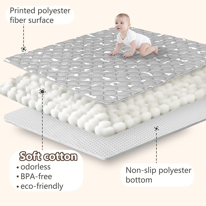 Baby Play Mats for Floor, 71”x59” Upgraded Thickness & Larger Super Soft Playmat for Babies and Toddlers, Foldable Washable, Upgrade Anti-Slip Crawling Mat for Playpen(Boho Gray)-CubbioJoy