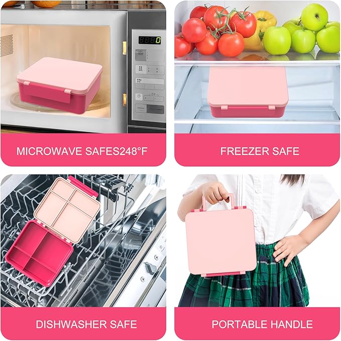 Bento Lunch Box with 8oz Soup Thermo, Kids Leakproof Lunch Food Containers with 4 Compartment, Kids Thermo Insulated Hot Food Jar for School, Trvael - (Pink)-CubbioJoy