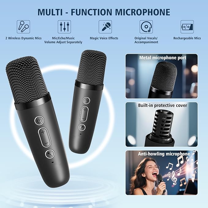 Karaoke Machine for Kids Adults, Portable Bluetooth Speaker with 2 Wireless Microphones, Portable Speaker Mini Karaoke Microphone for Home Party Birthday Gift for Girls Boys-CubbioJoy
