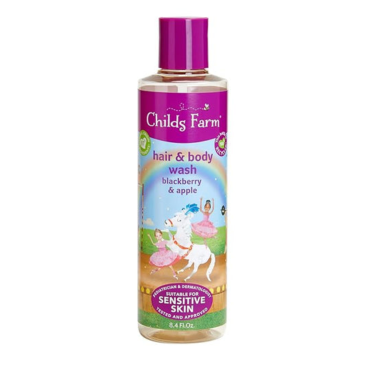 Childs Farm, Kids Hair & Body Wash for Dry, Sensitive Skin, Blackberry & Organic Apple, Gently Cleanses, Vegan, Cruelty-Free, 8.4 Fl Oz-CubbioJoy