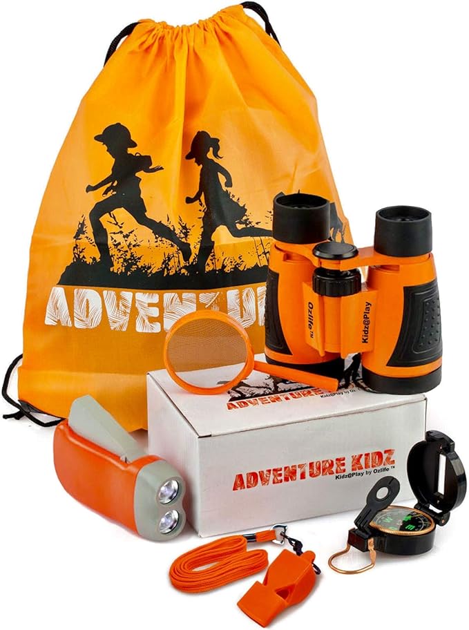Adventure Kidz Outdoor Exploration Kit, Children’s Binoculars, Flashlight, Compass, Fox Whistle, Magnifying Glass, Backpack. Great Gift Set for STEM, Pretend Play, Ages 3+ Boys Girls-CubbioJoy