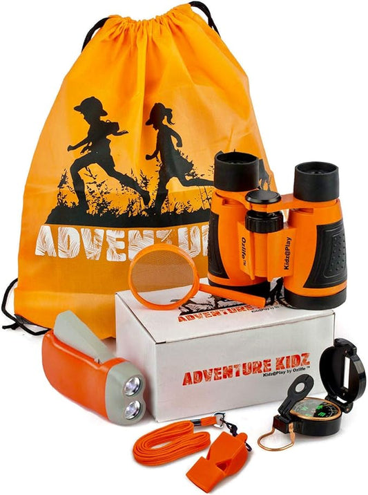 Adventure Kidz Outdoor Exploration Kit, Children’s Binoculars, Flashlight, Compass, Fox Whistle, Magnifying Glass, Backpack. Great Gift Set for STEM, Pretend Play, Ages 3+ Boys Girls-CubbioJoy