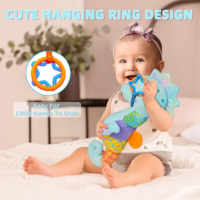 Baby Toys 0-6 Months,Infant Musical Seahorse Stuffed Animals Sensory Toys with Bright Colors,Multiple Textures,Rattles & Crinkle Sound Paper,Soft Tummy Time Toy for Newborn Boys Girls 0-12 Months-Blue-CubbioJoy