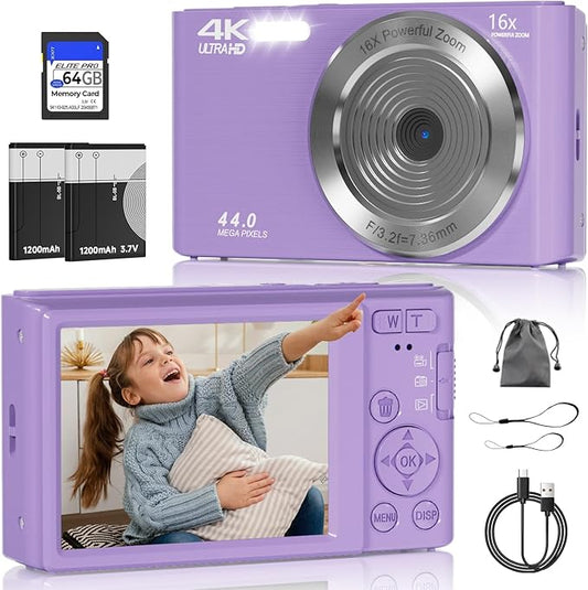 Digital Camera, FHD 4K 44MP Digital Camera, 16X Digital Zoom, Digital Point and Shoot Camera with 3-LED Fill Lights, 64GB SD Card, Compact Camera for Kids Teen Boys Girls, Purple-CubbioJoy