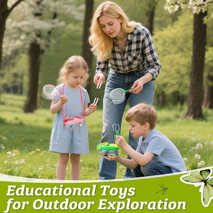 2 Set Bug Catcher for Kids- Educational Bug Catching Kit Including Butterfly Net, Insect Clip, Tweezer, Outdoor Toys for Kids Ages 3-10 (Pink & Green)-CubbioJoy