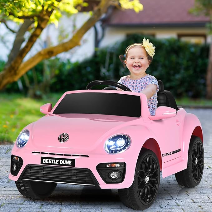 Costzon Ride on Car, 12V Licensed Volkswagen Beetle Battery Powered Vehicle w/Remote Control, Spring Suspension, Lights, USB, Horn, Music, 4 Wheeler for Boy Girl Gift, Electric Car for Kids, Pink-CubbioJoy