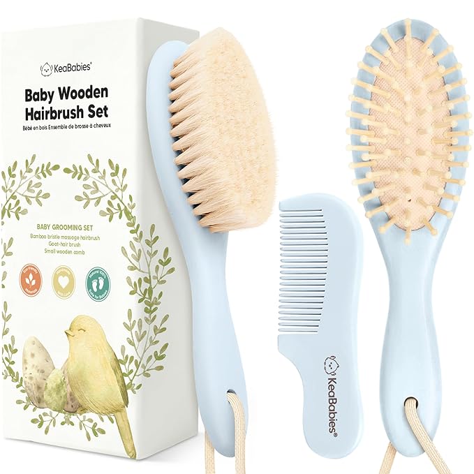 Baby Hair Brush and Comb Set for Newborn - Wooden Baby Hair Brush Set with Soft Goat Bristle, Baby Brush Set for Newborns, Baby Brush and Comb Set Girl, Boy, Toddler Cradle Cap Brush (Oval, Frost)-CubbioJoy