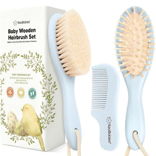 Baby Hair Brush and Comb Set for Newborn - Wooden Baby Hair Brush Set with Soft Goat Bristle, Baby Brush Set for Newborns, Baby Brush and Comb Set Girl, Boy, Toddler Cradle Cap Brush (Oval, Frost)-CubbioJoy