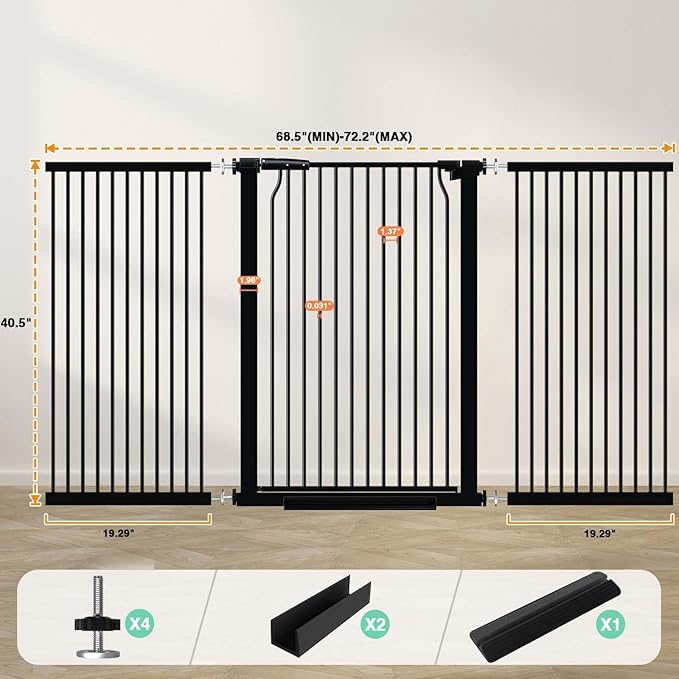 40.5" Extra Tall Baby Gate for Stairs, 68.5"-72.2" Extra Wide Long Dog Gate for The House, Safety Child Gate Easy Walk Thru Indoor, Metal Auto Close Pressure Mount Pet Gate for Doorways Hallway, Black-CubbioJoy