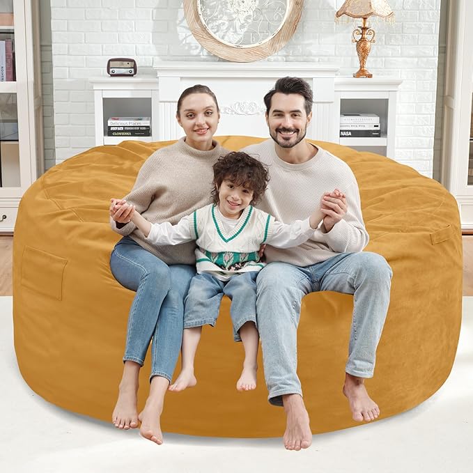 5FT Bean Bag Chair, Large Bean Bag Chairs with Memory Foam Filled, Fluffy Beanbag Sofa with Dutch Velvet Cover, Round BeanBag Chairs for Living Room, Playroom - Mustard-CubbioJoy
