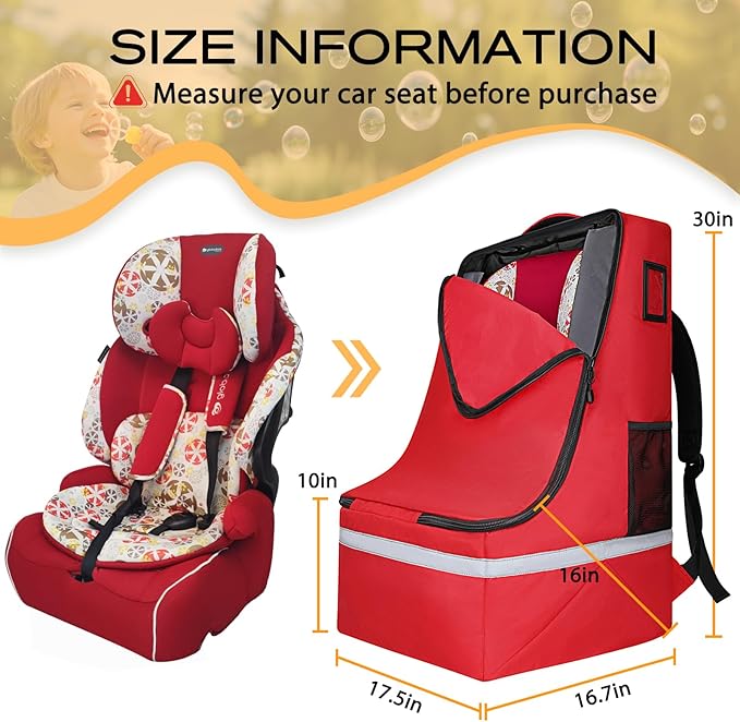 Car Seat Travel Bag for Airplane,Infant Seat Travel Bag with Shoulder Strap,Padded Car Seats Backpack with Reflective Stripes,Large Carseat Carrier Bag Travel Car Seat Cover, Red-CubbioJoy