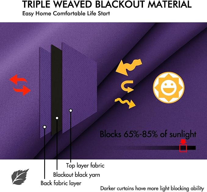 ANRODUO Back Tab Blackout Curtains for Bedroom Living Room, Rod Pocket Pinch Pleated Thermal Insulated Room Darkening Curtains 54 Inches Long 2 Panels, Purple, 42 x 54 Inch-CubbioJoy