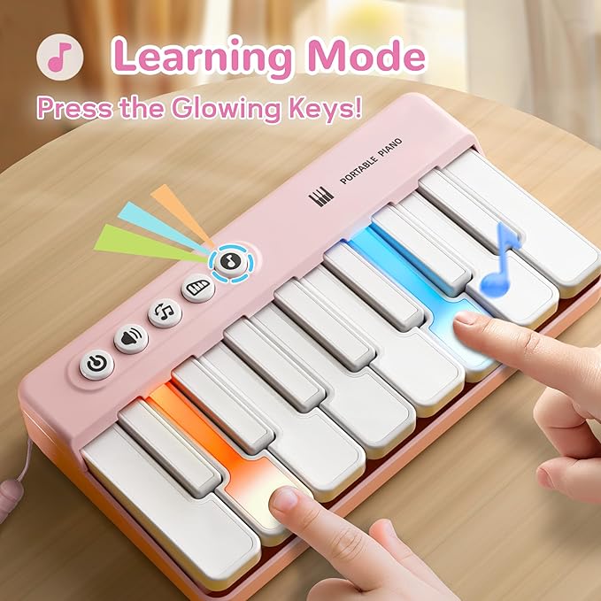 iPlay, iLearn Kids Mini Piano Toy W/Rainbow Lights, Portable Travel Piano Keyboard Toddlers Musical Instrument Learning Toys, Music Interactive Birthday Gift for 2 3 4 5 6 Year Old Girls Children-CubbioJoy