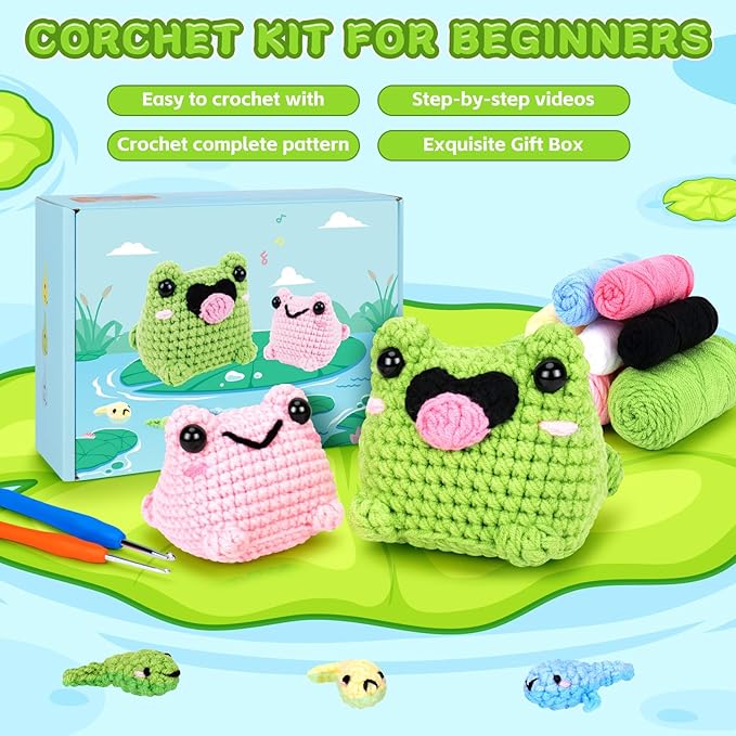 Crochet Kit for Beginners - Frog Family Crochet Kits with Step-by-Step Video Tutorials, Beginner Crochet Kit for Adults and Kids, 2 PCS Frogs and 3 PCS Tadpoles Crocheting Set-CubbioJoy