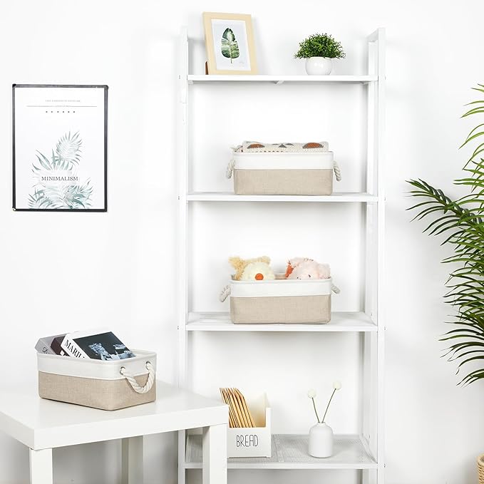 Bidtakay Small Baskets Fabric Storage Baskets for Organizing 3-Pack 12x8x5 Inch Collapsible Storage Bins for Shelves Canvas Bins for Closet Organization Baskets Storage Linen Closet S-White&Beige-CubbioJoy