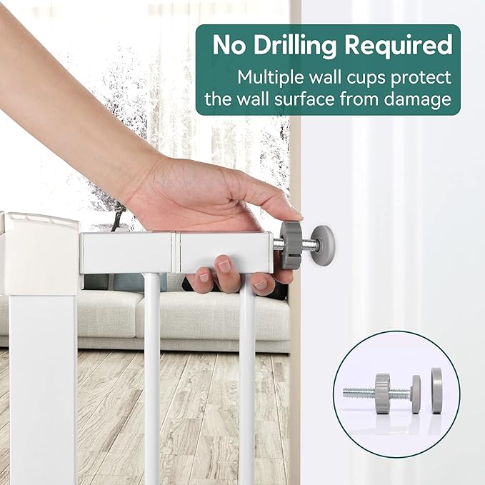 Babelio Metal Baby Gate, 29-48“ Auto Close Easy Install Pet Gate, Extra Wide Walk Thru Child Safety Gate, Pressure Mounted Dog Gate for Doorways & Stairs, with Y Spindle Rods, White-CubbioJoy