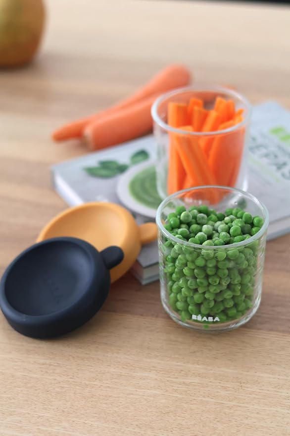 BEABA 2 Pack Glass Baby Food Jars with Soft Silicone Air Tight Lids, 8 oz Glass Storage Containers with Lids, Microwave and Freezer Safe Containers, Midnight-CubbioJoy