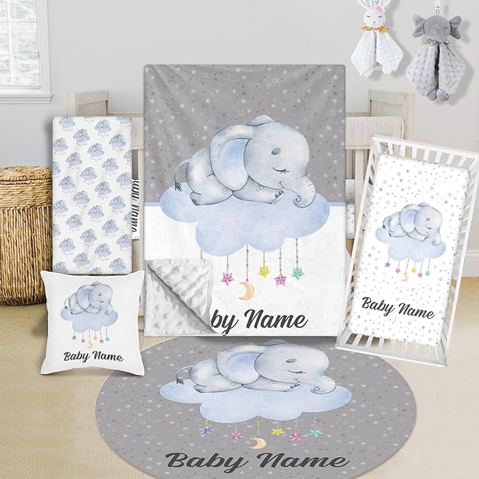 Custom Crib Bedding Set - Elephant Design Personalized Name Baby Nursery Bed 3 Pcs Set - Chic Soft Blanket with Dotted Backing, Sheet, Pillowcase for Newborn Girls Boys Gifts Color17-CubbioJoy