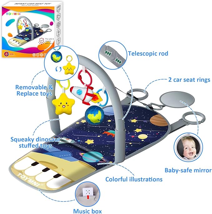 Car Seat Toys for Baby Infant 6 Months and Up, Carseat Toys with Musical Pedal Piano, Baby Mirror and Hanging Squeaky Sensory Soft Baby Toys 6 to 12 Months, Baby Car Toys Rear Facing-CubbioJoy