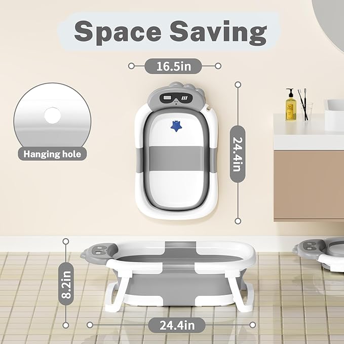 AVIDOR Baby Bathtub,Collapsible Bathtub for Newborn to Toddler,Durable Essential Infant Bath Tub,Portable Travel Baby Tub with Soft Bath Net,No-Slip Feet and Dinosaur Shaped (Grey)-CubbioJoy
