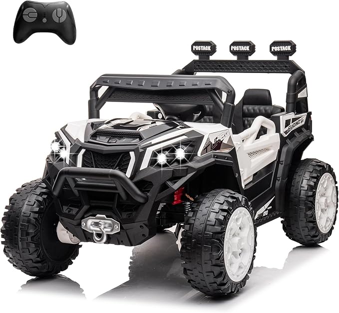 24V Ride On Car for Kids, 4x4 Kids Electric Car with Remote Control Off Road, Children Car with Bluetooth 3 Speeds LED Lights Storage Trunk,White-CubbioJoy