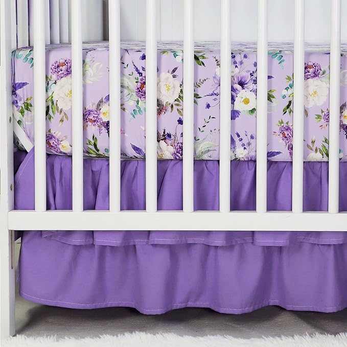 Crib Bedding Set for Girls, Purple Baby Crib Bedding Set 4 Piece, Baby Girl Nursery Bedding Set Including Comforter, Fitted Crib Sheet, Crib Skirt, Diaper Stacker, Floral-CubbioJoy