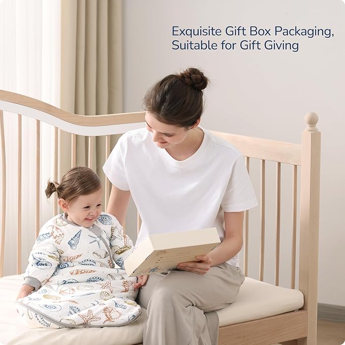 Baby Sleep Sack 3-6 Months, Cotton Detachable Long Sleeve Sleep Sack, 1.0 Tog Toddler Sleeping Sack with Temperature Strips, 2-Way Zipper Wearable Blankets for Newborns, Ocean-CubbioJoy