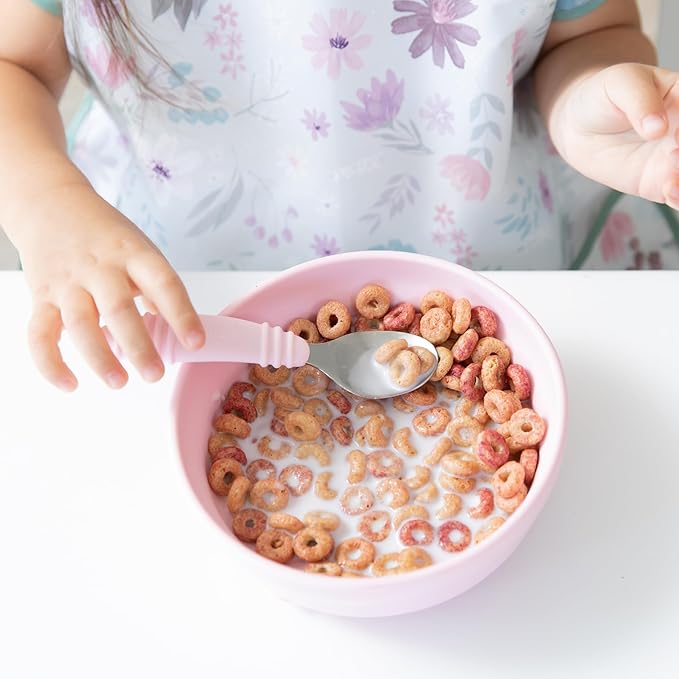 Bumkins Toddler Utensils, Kids Fork and Spoon Set, Silicone and Stainless-Steel Silverware, Angled Forks / Sporks for Self-Feeding, Children Training Flatware Cutlery for 18 Months Up, Pink-CubbioJoy