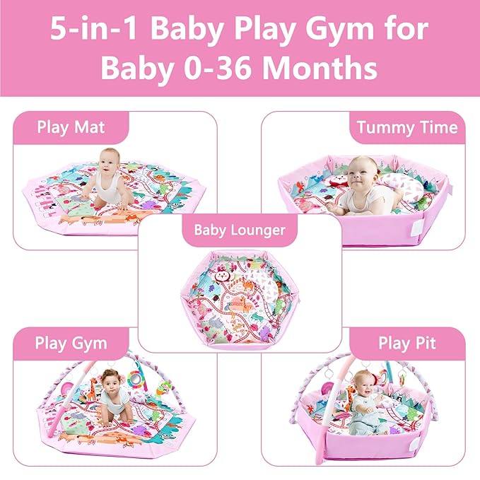 Baby Gym Play Mat, 8-in-1 Tummy Time Mat & Activity Gym, Washable Ball Pit, Infant Play Mat with Detachable Toys for Sensory Exploration and Motor Skill Development-CubbioJoy