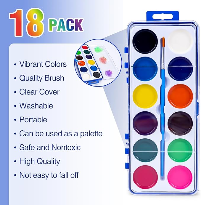 18 Pack Watercolor Paint Set for Kids, 12 Colors Watercolors Paints with Paint Brush, Kids Watercolor Paint Set for Party Favor, Classroom.-CubbioJoy