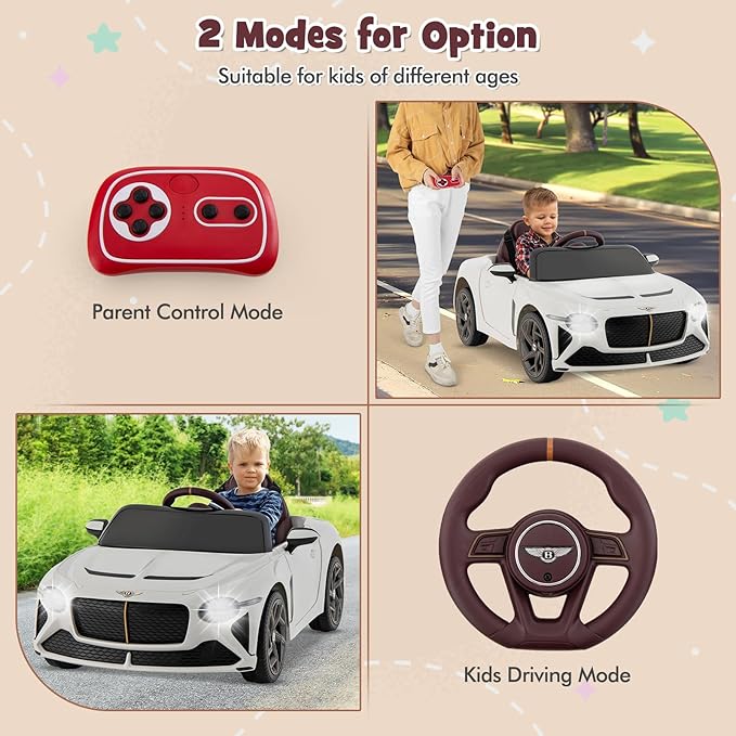 Costzon Ride on Car, 12V Licensed Bentley Bacalar Battery Powered Kids' Electric Vehicles w/Remote Control, Scissor Doors, Wireless Connection, Lights/Sound Effects, Kids Car Toys for Toddlers(White)-CubbioJoy