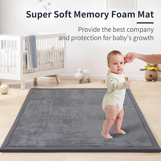 ACOMOPACK Baby Play Mat for Floor 1.3" Thick Memory Foam Play Mat 71"×79" Tummy Time Crawling with Non-Slip Bottom for Living Room,Nursery,Soft Velvet Playpen Mats for Kids,Infants（Dark Grey）-CubbioJoy