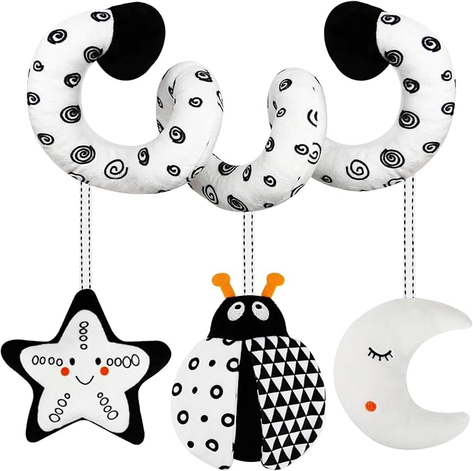 Car Seat Toys for Babies 0-6 Months,Hanging Rattle Toys for Crib Mobile, Baby Spiral Hanging Stroller Black and White High Contrast Toys for Newborn 0 3 6 9 12 Months Baby Boys Girls (Bug)-CubbioJoy