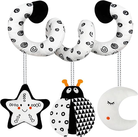 Car Seat Toys for Babies 0-6 Months,Hanging Rattle Toys for Crib Mobile, Baby Spiral Hanging Stroller Black and White High Contrast Toys for Newborn 0 3 6 9 12 Months Baby Boys Girls (Bug)-CubbioJoy